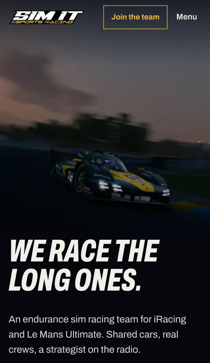 The front page of simitesports.com: the team's headline, its latest win and a countdown to the next two races, with driver names blurred