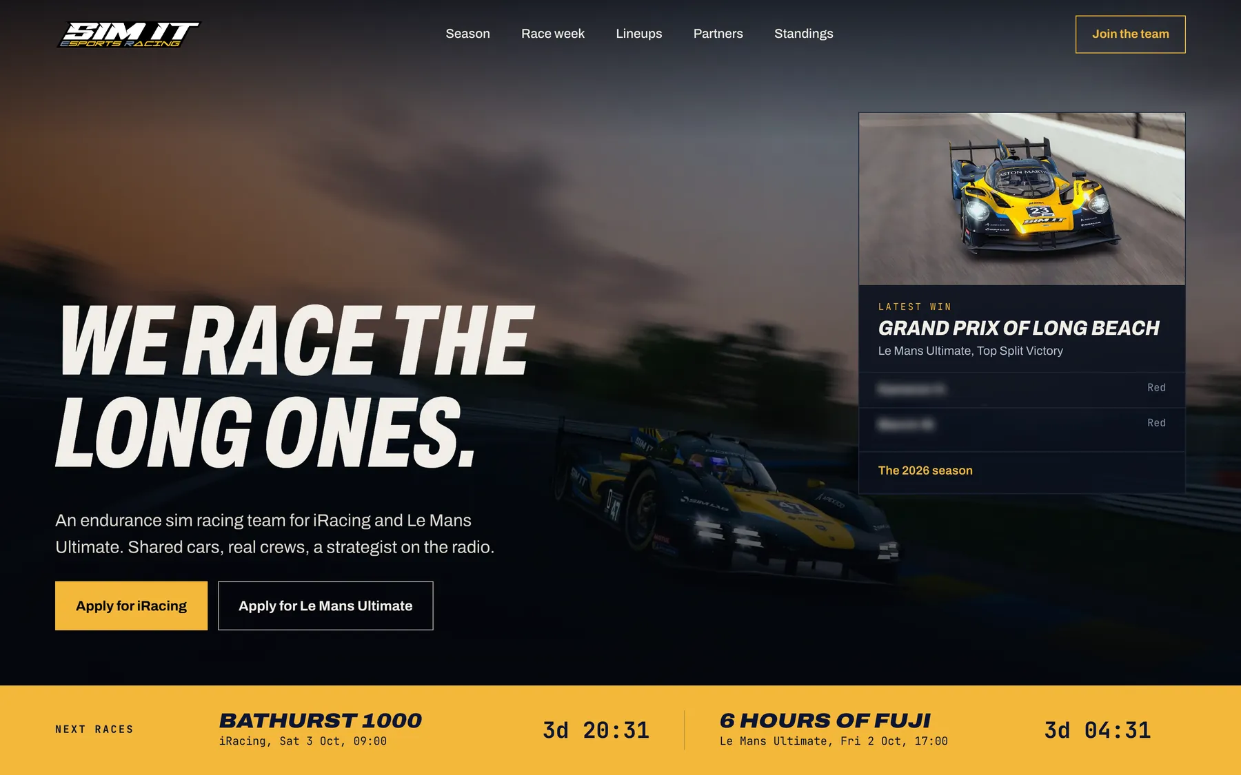 The front page of simitesports.com: the team's headline, its latest win and a countdown to the next two races, with driver names blurred